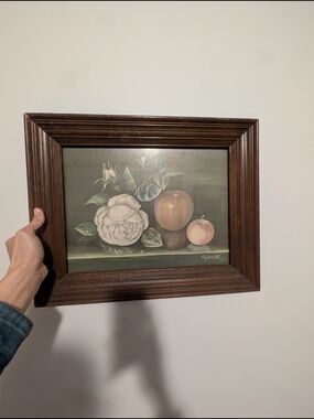 Vintage Still Life Floral and Fruit Wall Art in Brown Frame